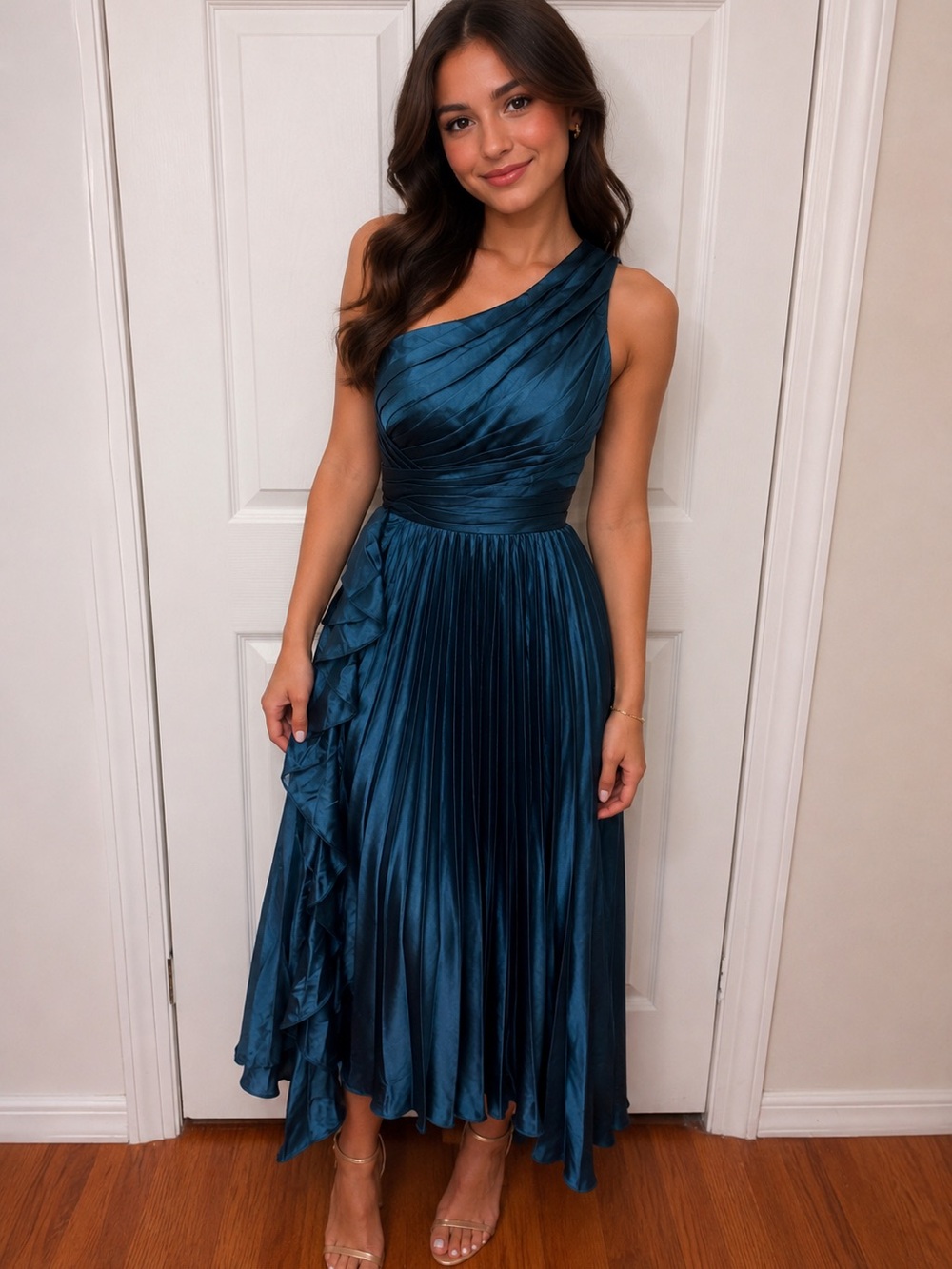 One-Shoulder Teal Satin Evening Dress
